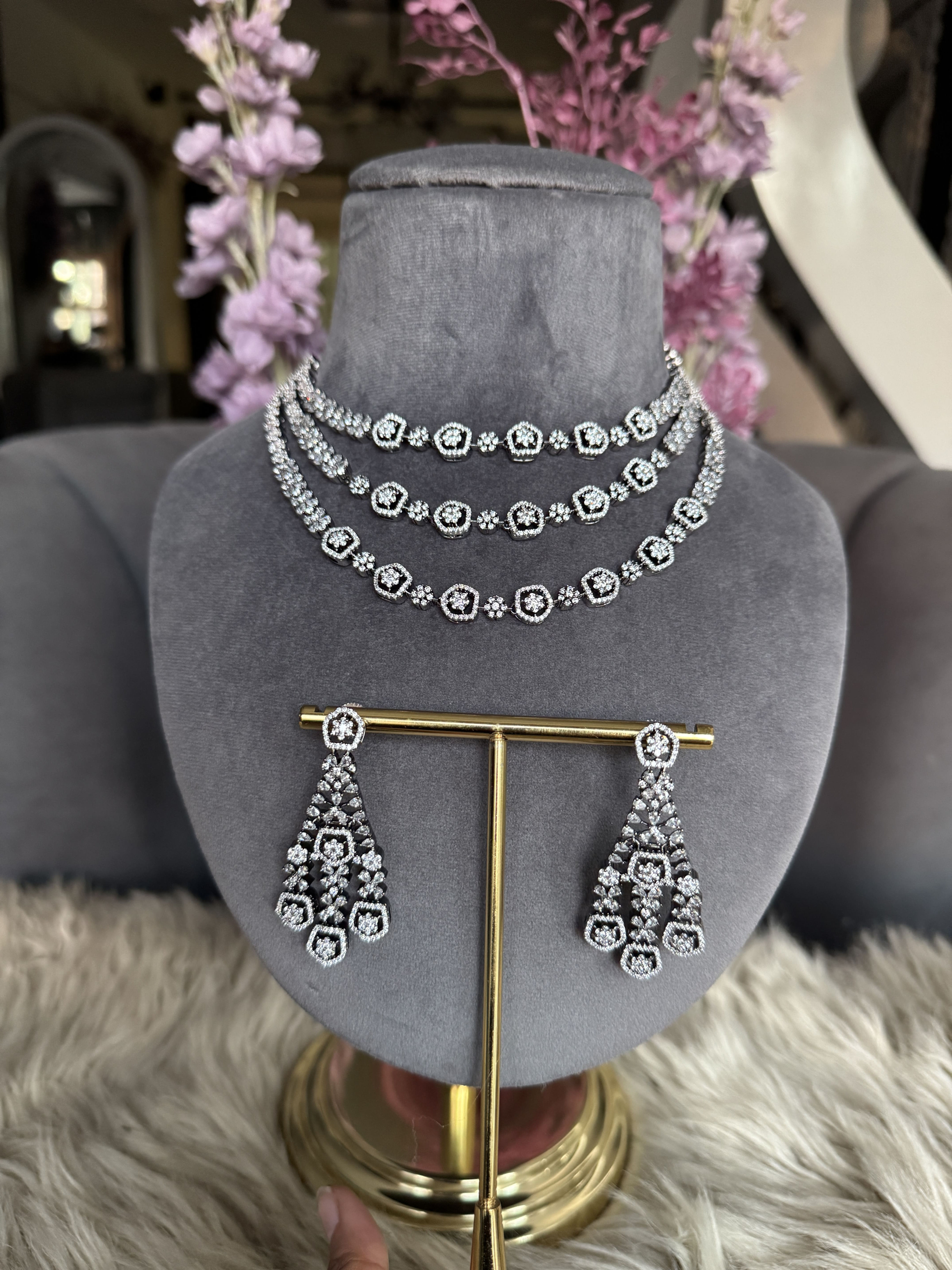Hexagon Diamond Triple Layered AD Necklace