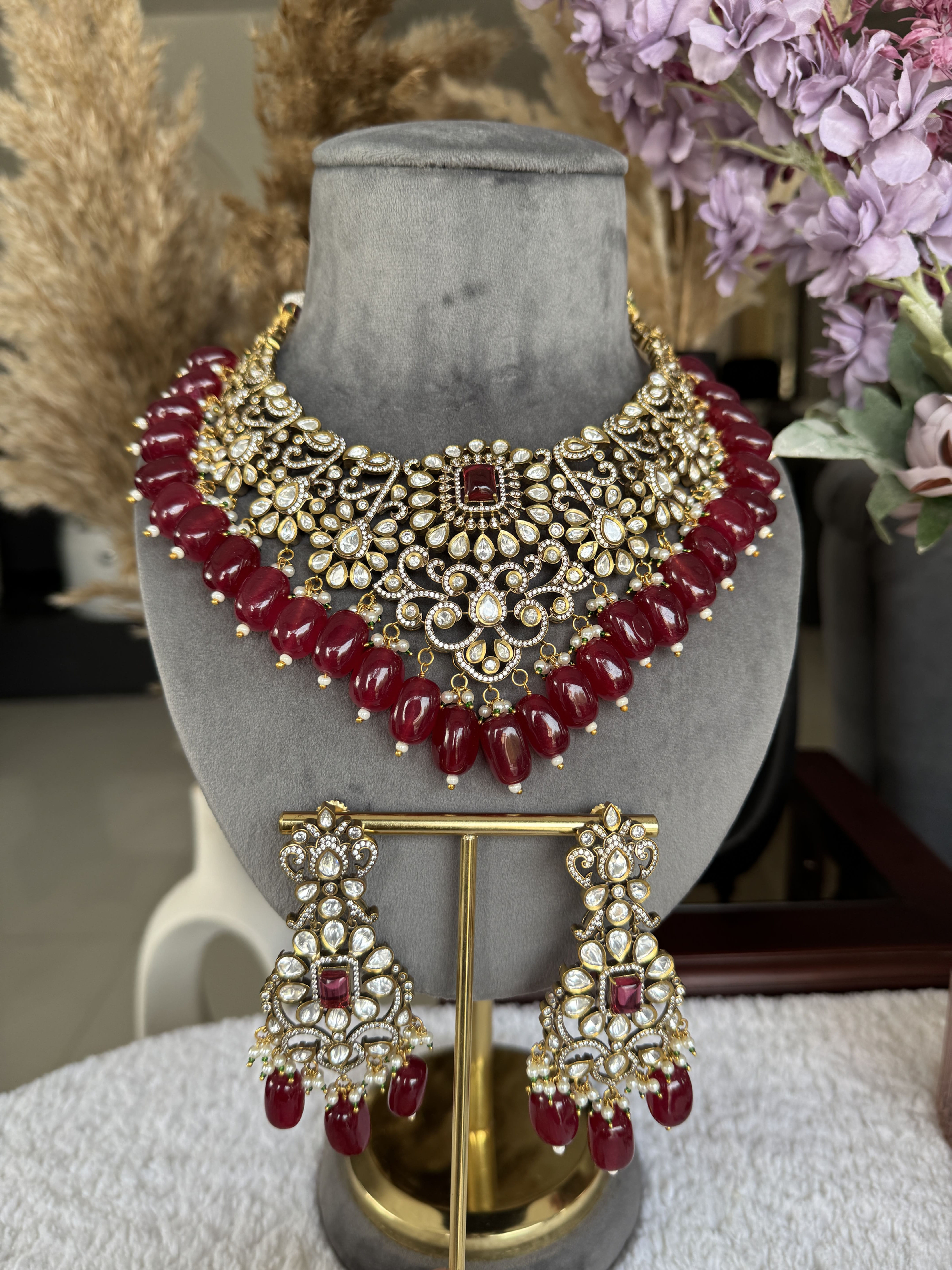 Ruby Red Droplet Polki Choker Necklace Set