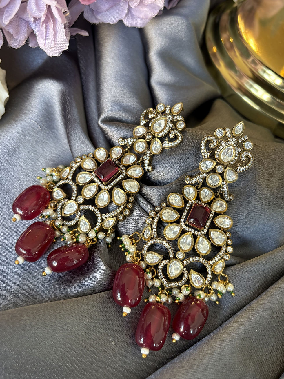 Thumbnail: Ruby Red Droplet Polki Choker Necklace Set
