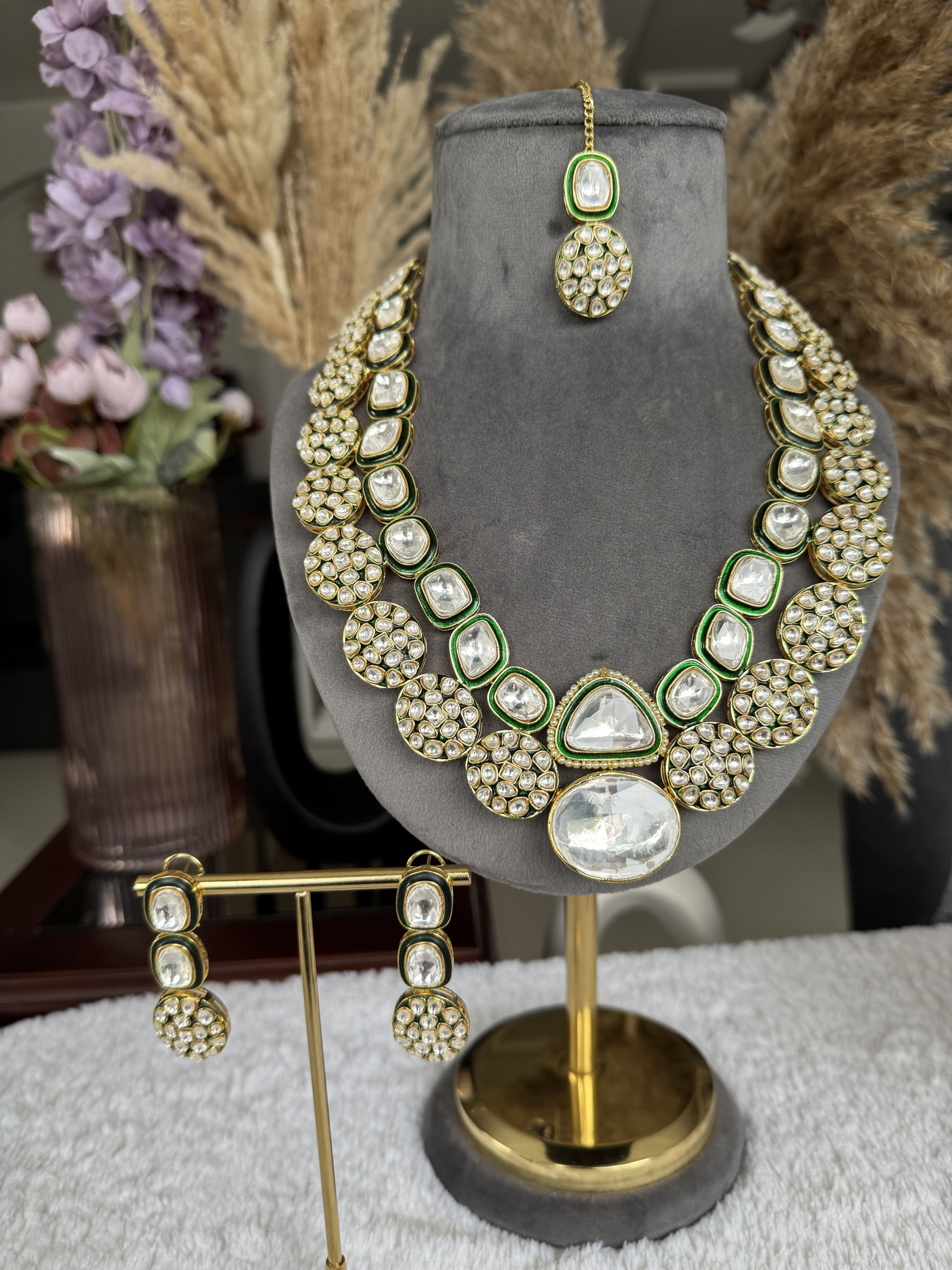 Emerald Green polki Kundan long Necklace Set