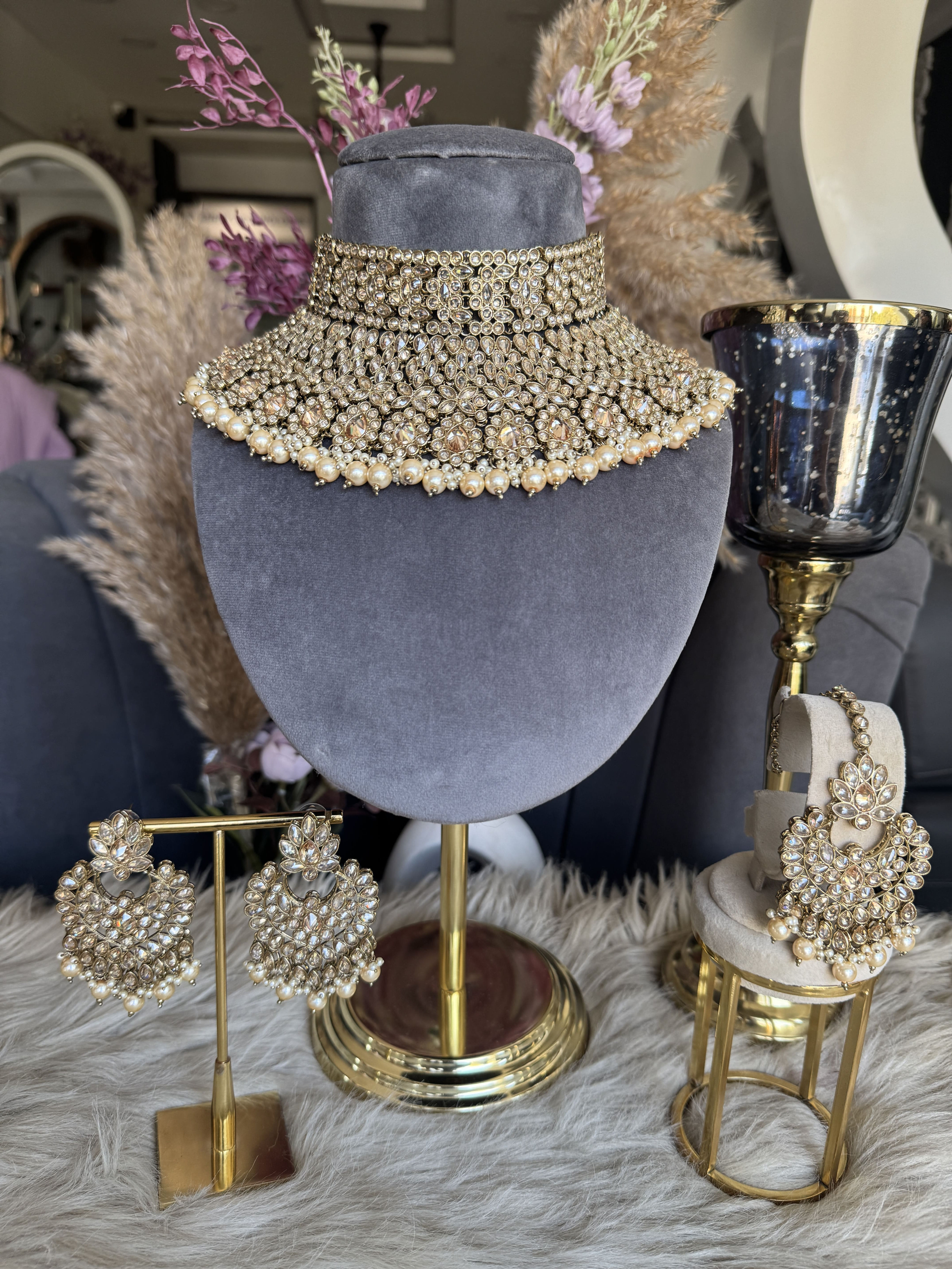 Golden Pearl Tassel Chandbali Set