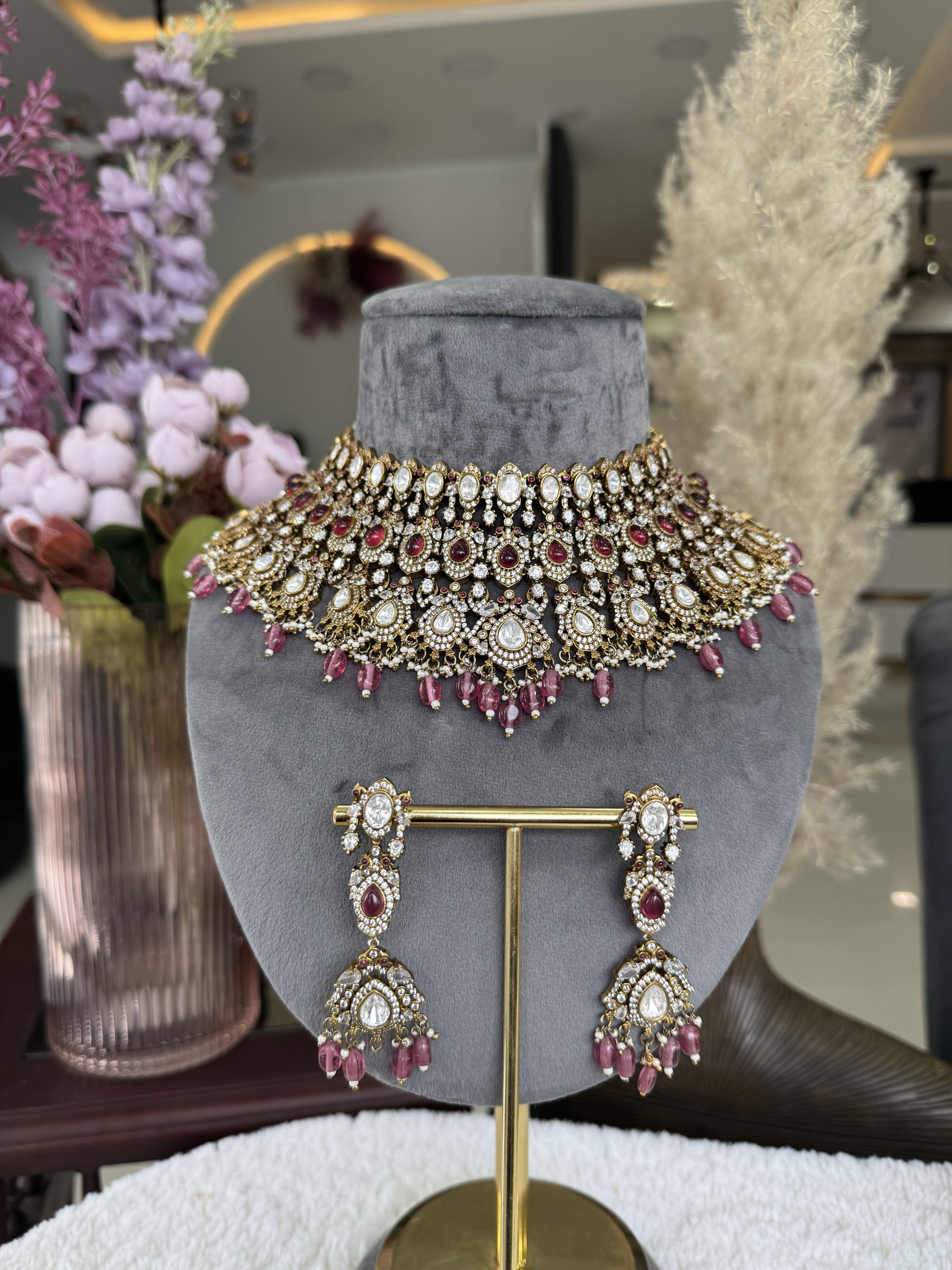 Rangriti Ruby Pink Drops Kundan Choker Set