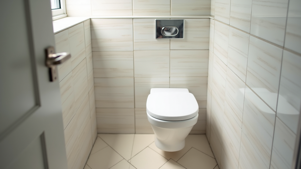 High angle view of a compact, modern bathroom with light-colored tiles