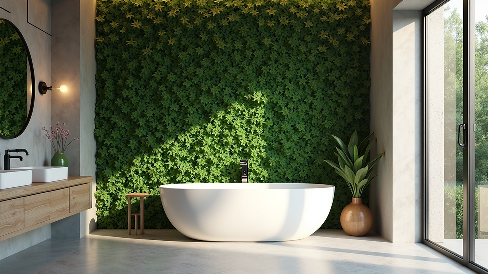 Wide angle view of a bathroom featuring a living green wall