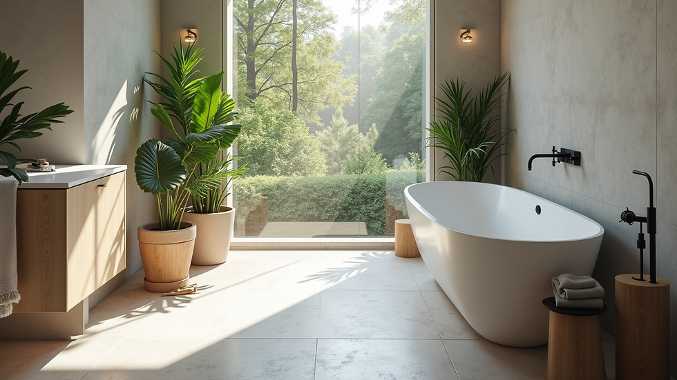 High angle view of a modern bathroom with plants and stylish accessories