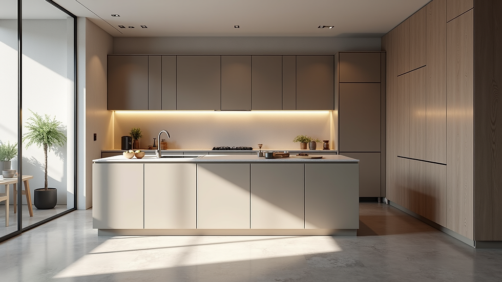 Eye-level view of a modern kitchen with sleek cabinetry and a large island