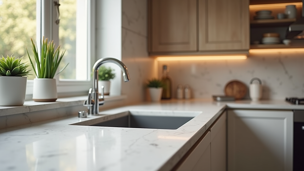 Close-up view of a kitchen countertop with a stylish laminate finish and modern sink