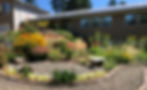 A rain garden with gravel path, flowering perennials and a bench in Portland, Oregon.