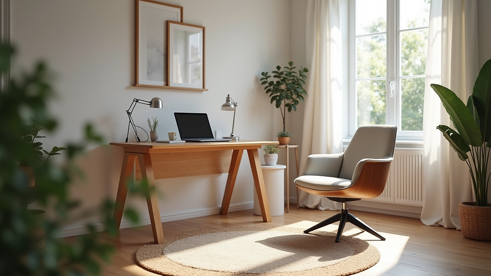 Eye-level view of a serene home office space with a comfortable chair and a laptop