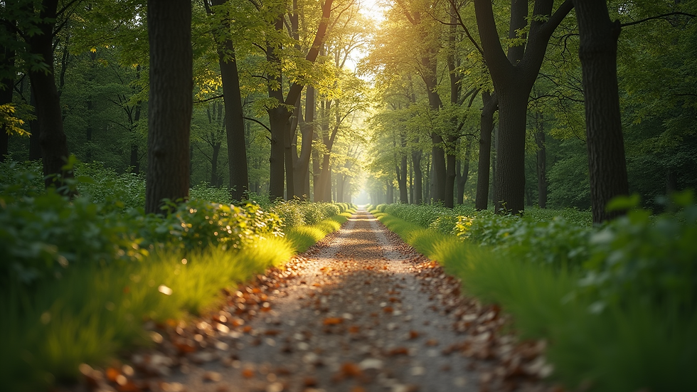 Eye-level view of a serene nature path surrounded by trees