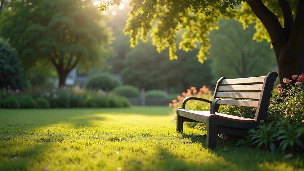 Eye-level view of a serene garden with a bench