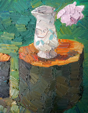 Oil painting of a white ceramic vase with a pink flower on a tree stump, painted with expressive impasto brushstrokes.