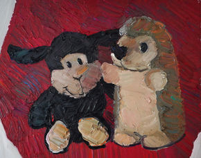 Expressive impasto painting of two plush toy animals posed side by side against a rich crimson background. A black sheep with oversized ears and soft rounded features sits beside a tan hedgehog with textured brown spines, one paw gently resting on the sheep's cheek in a gesture that suggests affection or comfort. Thick, layered brushstrokes create a tactile surface, while the bold red backdrop contrasts with the muted earth tones of the toys. The playful subject and painterly texture evoke warmth, companionship, and childhood nostalgia.