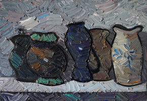 Expressive impasto oil still life featuring five ceramic vessels arranged side by side on a white surface against a cool gray background. Thick, textured brushstrokes in deep blues, charcoal, cream, turquoise, and earthy browns emphasize the unique shapes and handcrafted character of each vase and jug. The restrained palette and sculptural paint application create a calm, contemplative composition that celebrates form, texture, and the quiet beauty of everyday objects.