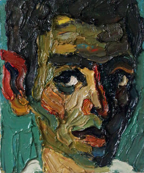 Expressive oil portrait with bold impasto brushstrokes in deep green, black, and warm ochre tones. A close-up face and intense gaze create a dramatic, introspective atmosphere against a textured teal background.