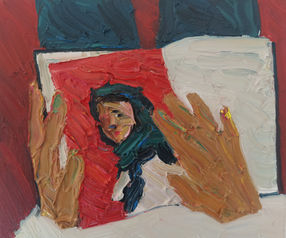 Expressive oil painting featuring a portrait within a portrait, framed by bold hands and geometric forms. Thick impasto textures, vivid reds, warm earth tones, and layered symbolism create a contemporary composition exploring memory, identity, and perception.