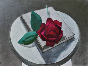 Minimalist still life drawing featuring a single deep red rose resting on a closed book atop a round white table. Rich color contrasts with finely rendered graphite shading, creating a quiet, intimate composition that celebrates the beauty of simple objects through light, form, and balance.