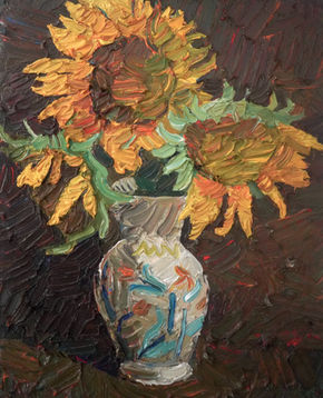 Oil painting of a bouquet of sunflowers in a white ceramic vase with blue and orange decorative patterns, rendered in thick impasto brushstrokes against a dark brown background.