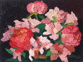 Expressive oil floral painting featuring a lush bouquet of pink blossoms set against a deep black background. Thick impasto brushstrokes, layered petals, and rich shades of pink, coral, and green create a vibrant composition that celebrates the beauty, softness, and vitality of spring flowers.
