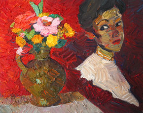 Oil painting of a woman beside a vase of colorful flowers, featuring bold impasto brushstrokes, rich red tones, and an expressive, vibrant composition.