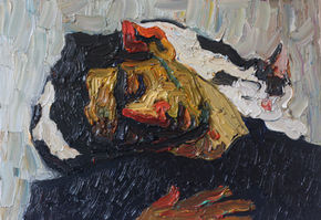 Expressive oil painting of a sleeping figure embraced by a black-and-white cat. Thick impasto brushwork, muted neutrals, warm ochre tones, and intimate contrasts create a peaceful, tender atmosphere.