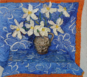 Expressive impasto oil still life featuring a bouquet of white daffodils in a rustic ceramic vase, set against a richly textured cobalt-blue background with decorative floral motifs. Thick, sculptural brushstrokes and luminous whites create a vibrant celebration of spring, light, and color.