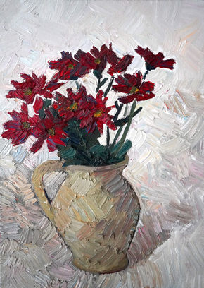 Expressive impasto oil still life of deep red flowers arranged in a rustic beige ceramic pitcher against a soft white background. Thick, textured brushstrokes define the blossoms, dark green leaves, and rounded vessel, while the pale backdrop is layered with cool whites, grays, and subtle lavender tones that enhance the flowers' rich crimson color. The composition feels simple yet luminous, balancing bold floral forms with an airy, light-filled atmosphere.