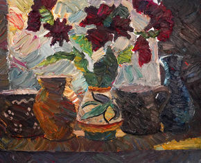 Expressive impasto oil still life featuring a collection of ceramic vessels filled with deep burgundy flowers arranged on a windowsill. Thick, richly textured brushstrokes in earthy browns, charcoal, cream, green, and crimson create a dynamic interplay of light, shadow, and color. The layered composition celebrates handcrafted pottery and blooming flowers, evoking warmth, abundance, and the quiet beauty of an interior scene.