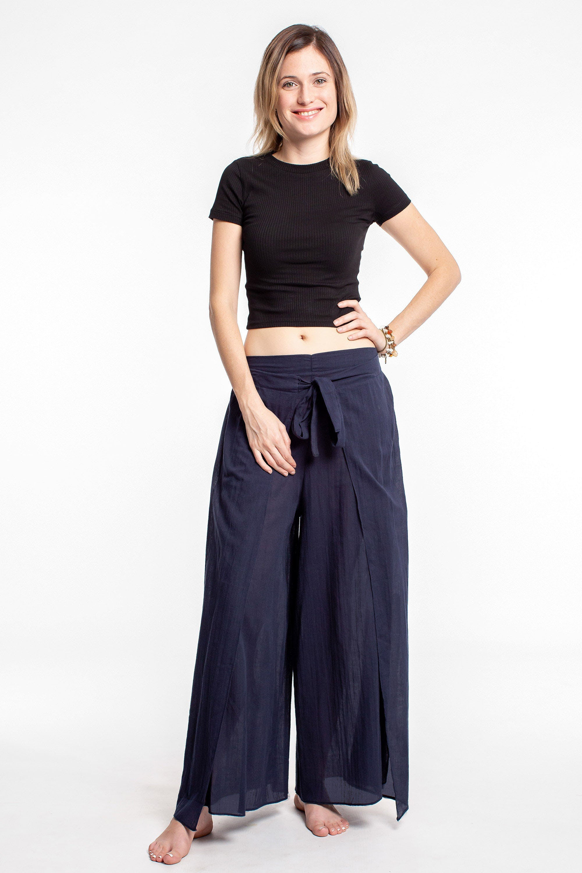 Cotton Wrap Palazzo Pants - Navy