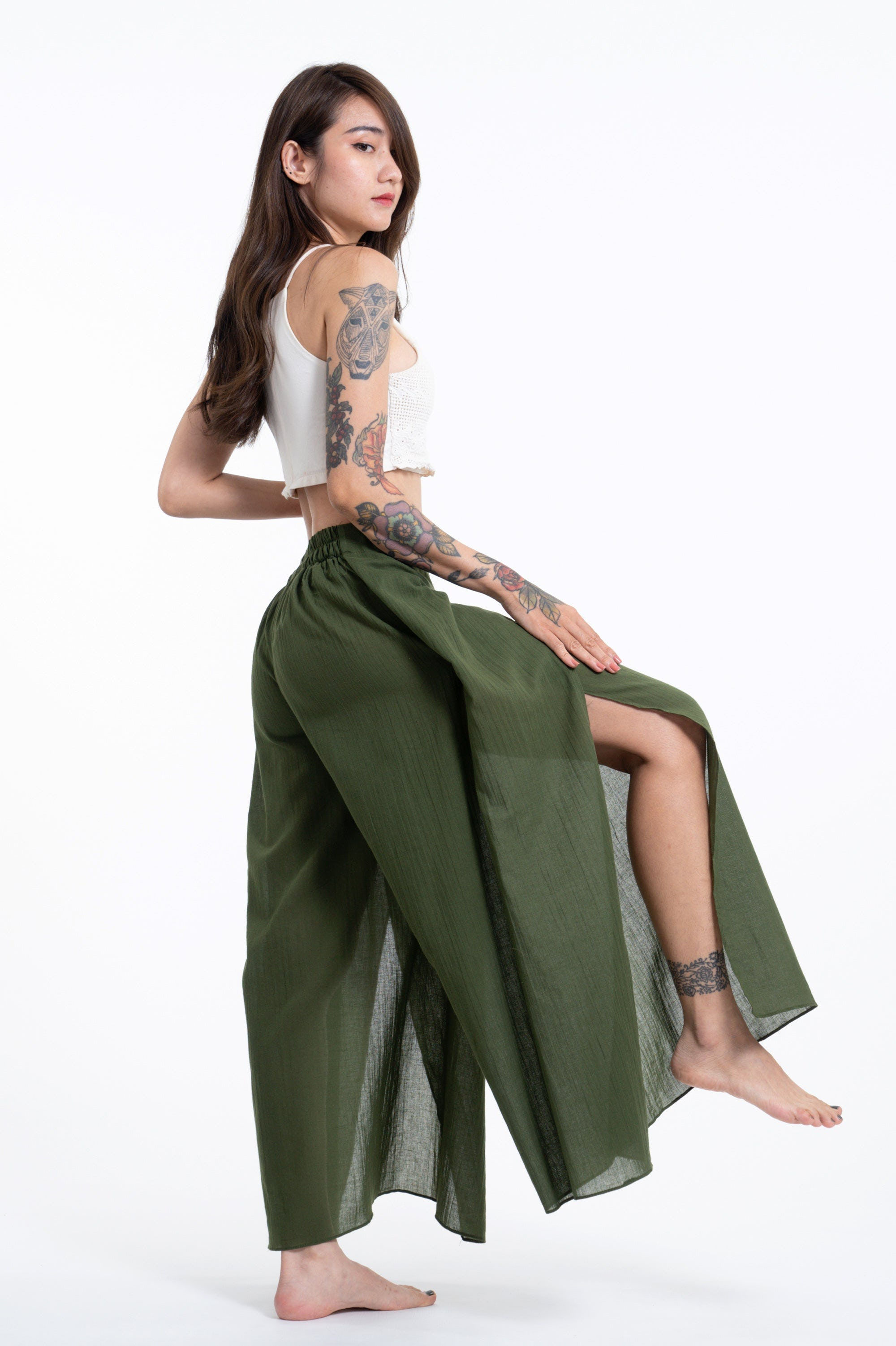 Cotton Wrap Palazzo Pants - Olive 