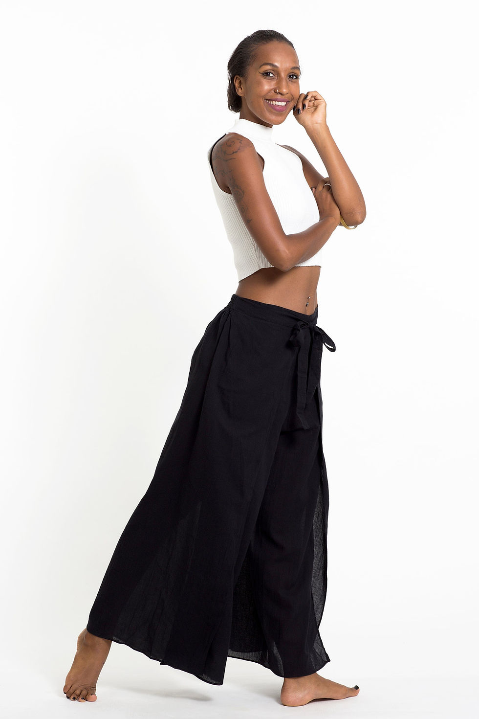 Thumbnail: Cotton Wrap Palazo Pants - Black 