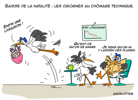 Dessin humoristique de Cigognes au chômage technique à cause du manque de naissances.