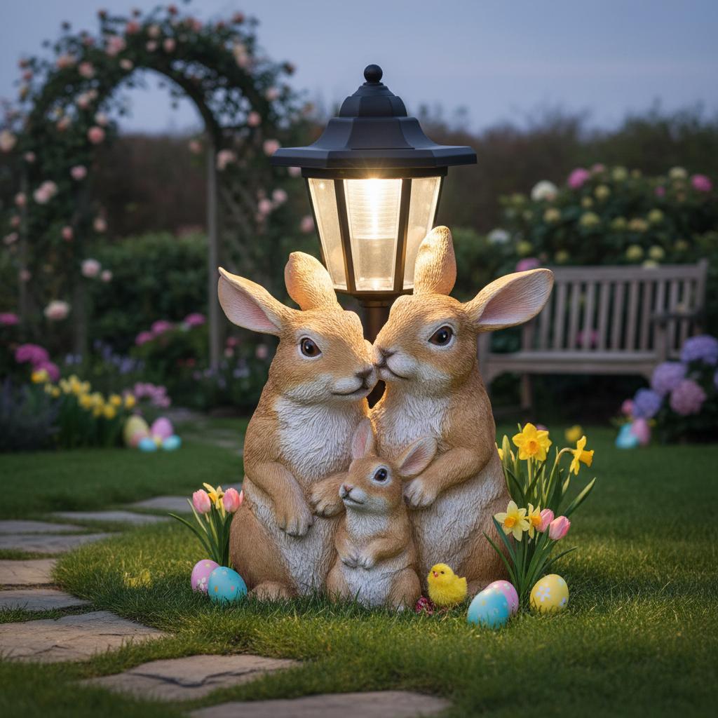 Solar Rabbit Garden Light Ornament – Outdoor Resin Bunny Family Lantern Statue