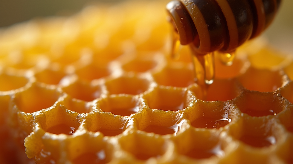 Close-up view of honeycomb with honey dripping from it