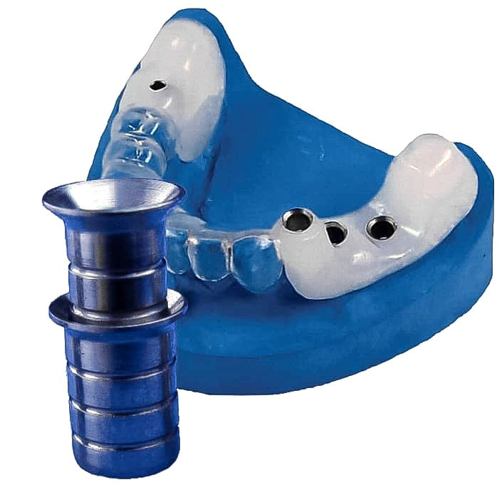Macro view of a funnel-shaped dental drill sleeve embedded in a surgical guide on a jaw model