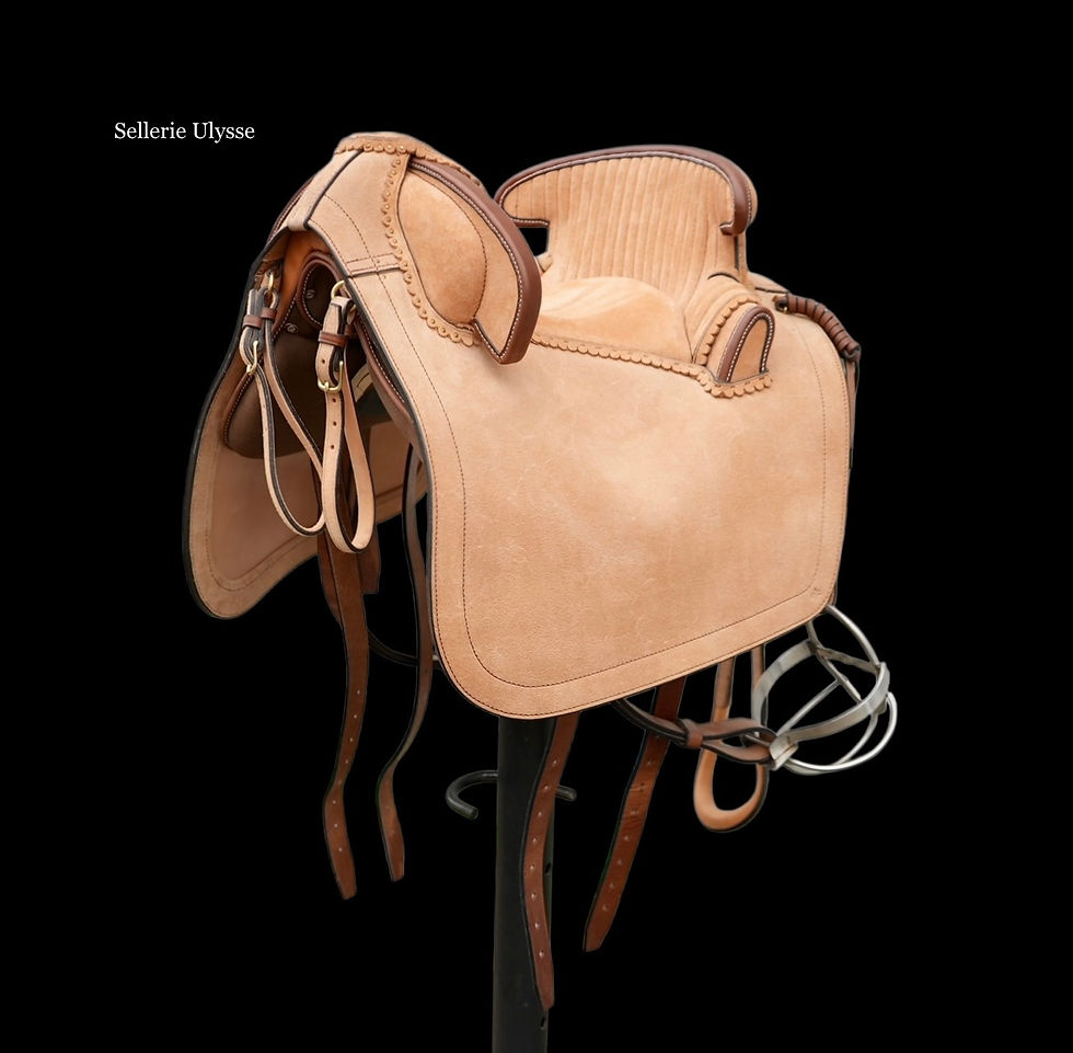 Miniature : Selle Camargue Traditionnelle Cuir Retourné & Noisette "Pommeau Cannelé"