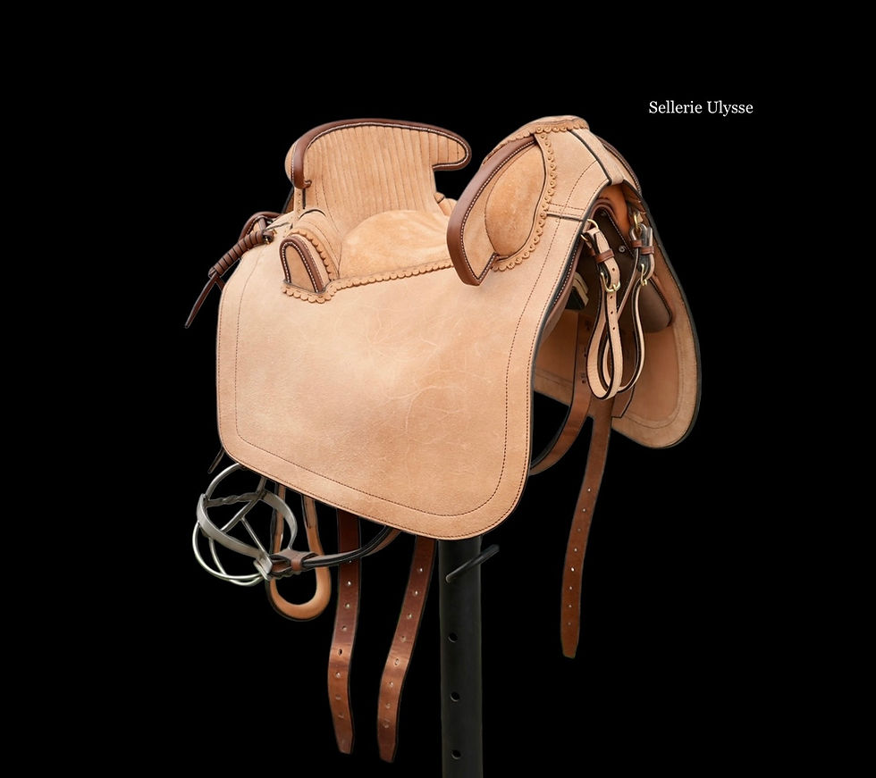 Miniature : Selle Camargue Traditionnelle Cuir Retourné & Noisette "Pommeau Cannelé"