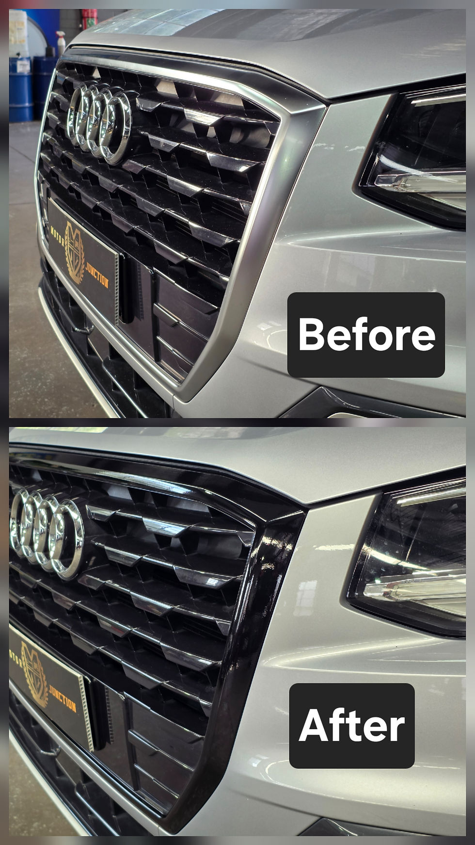 Audi Q2 chrome delete before and after showing the front radiator grille wrap in gloss black at Motor Junction.