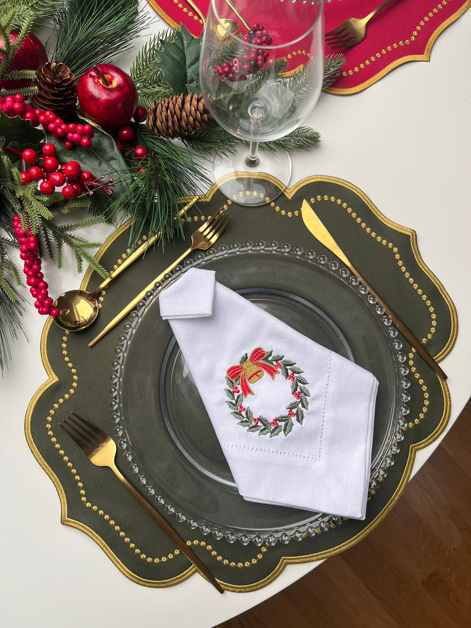 Jogo americano dupla face Clarissa, Verde musgo/vermelho (unidade)