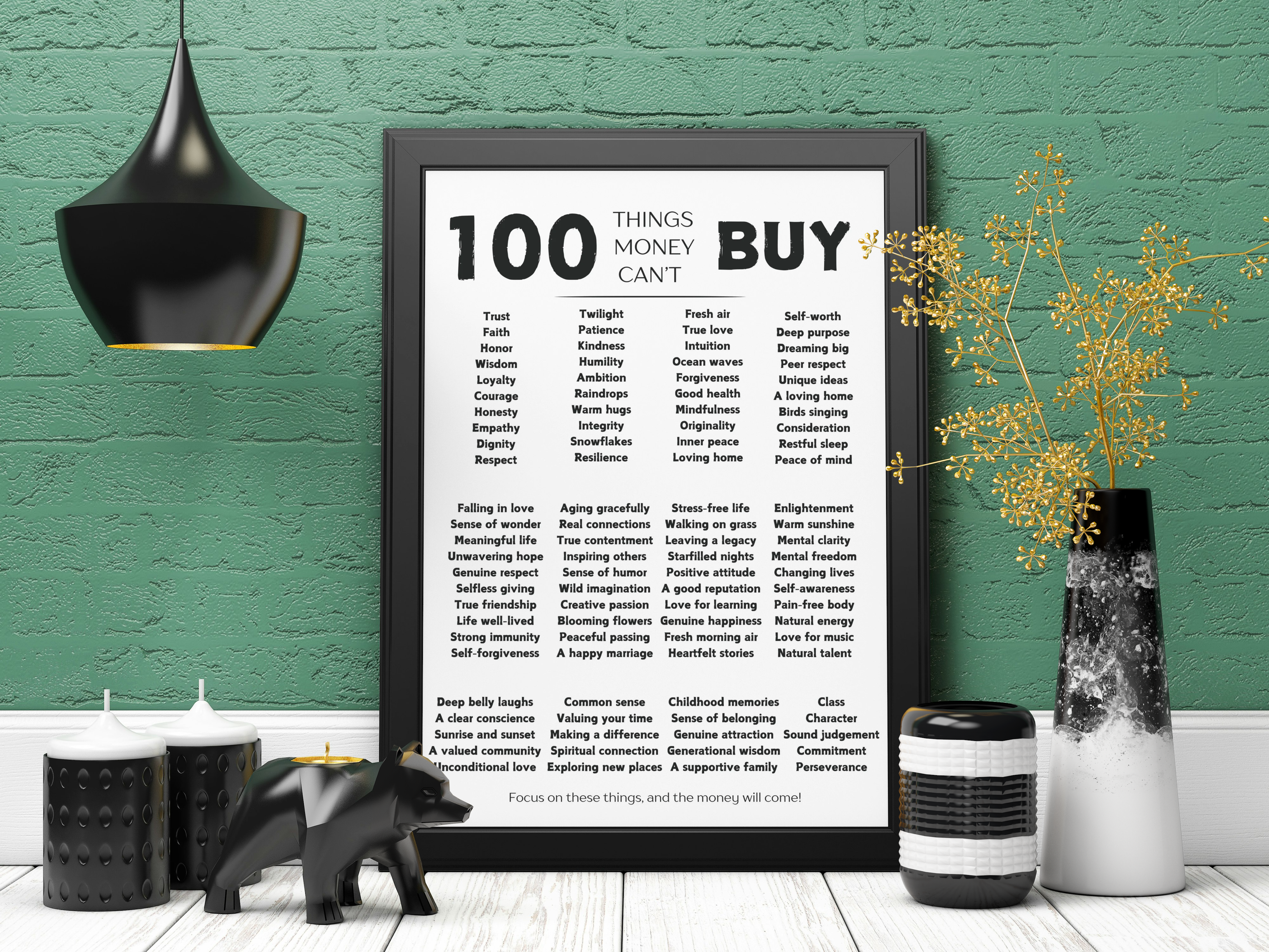 Printable "100 Things Money Can't Buy" Money Wall Art DIGITAL Download (BLK/WHT)