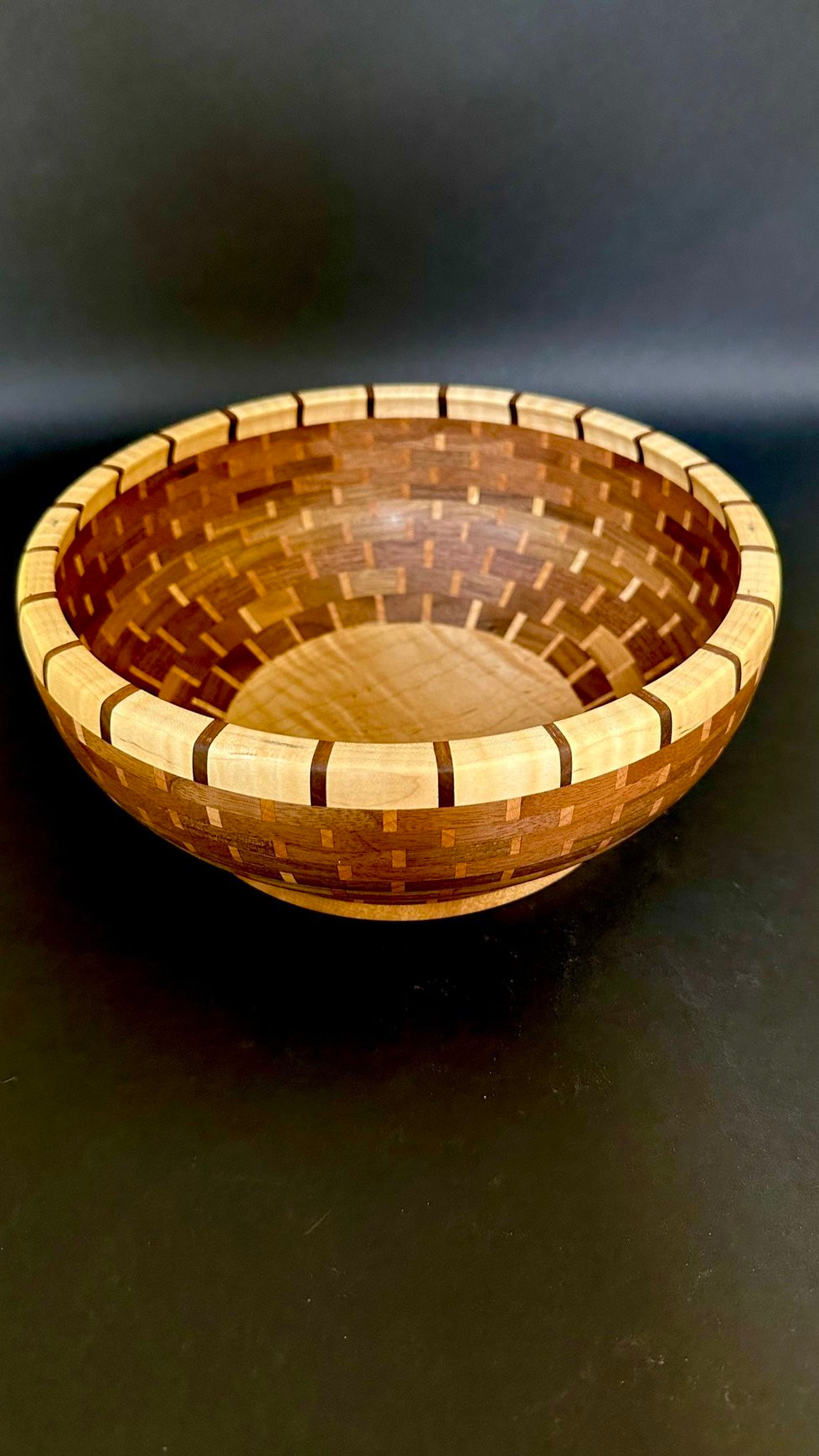 Segmented bowl. Walnut, Maple and Cherry. 504 pieces.