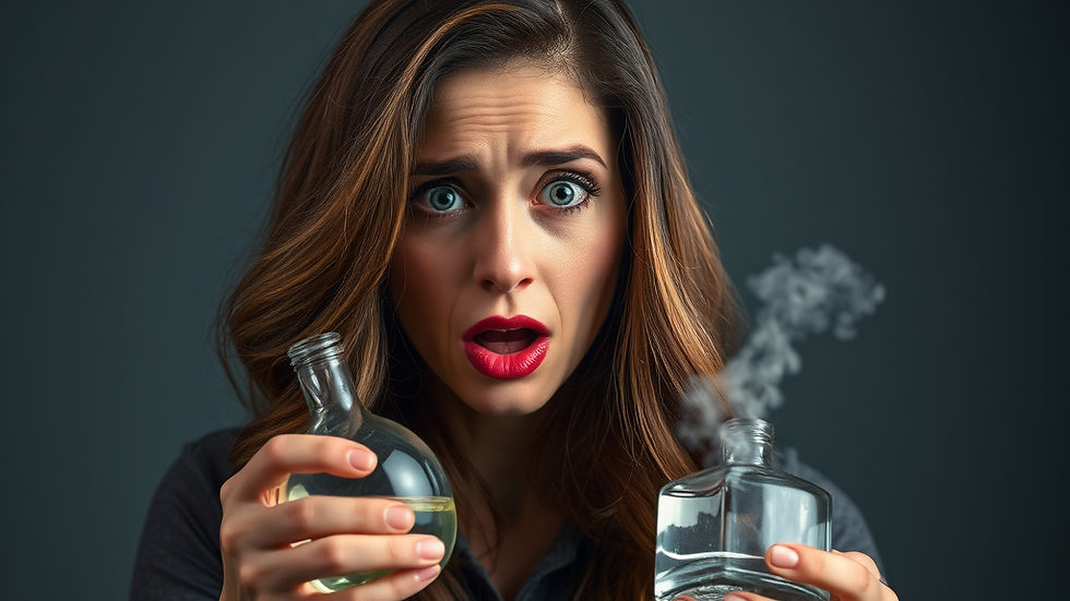 Woman with long hair looks surprised, holding two smoking flasks. Dark background, wearing a dark shirt, expressing shock.