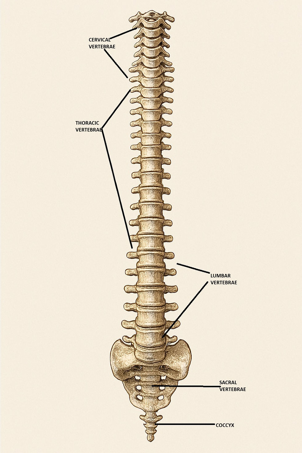 Illustration of a human spine with labeled sections: cervical, thoracic, lumbar vertebrae, sacral vertebrae, and coccyx on beige background.