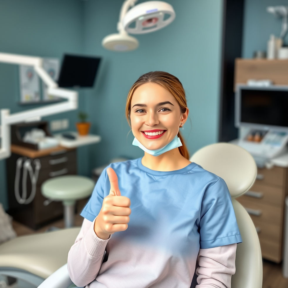 Smiling dentist in scrubs gives a thumbs-up in a dental office. Background shows dental equipment and computer screens. Bright, cheerful mood.