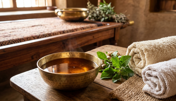 Close-up of warm herbal oil being prepared for Ayurveda back therapy