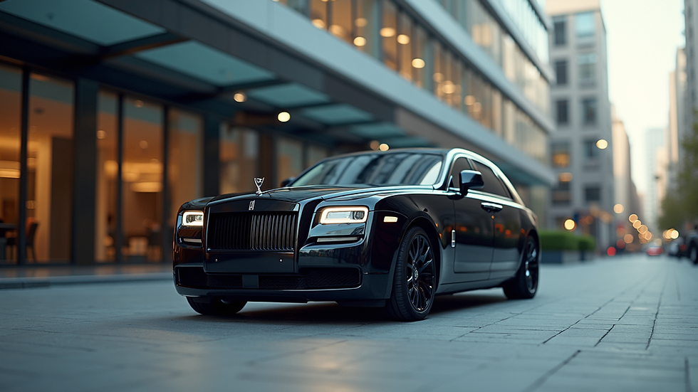 Eye-level view of a luxury black sedan parked outside a modern office building