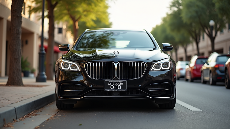 Eye-level view of a sleek black luxury sedan parked on a Scottsdale street