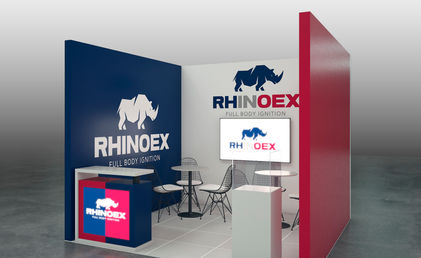 Rhionex için tasarlanan 6 m2  kongre standı, oturma grubu, TV ünitesi, folyo baskılar