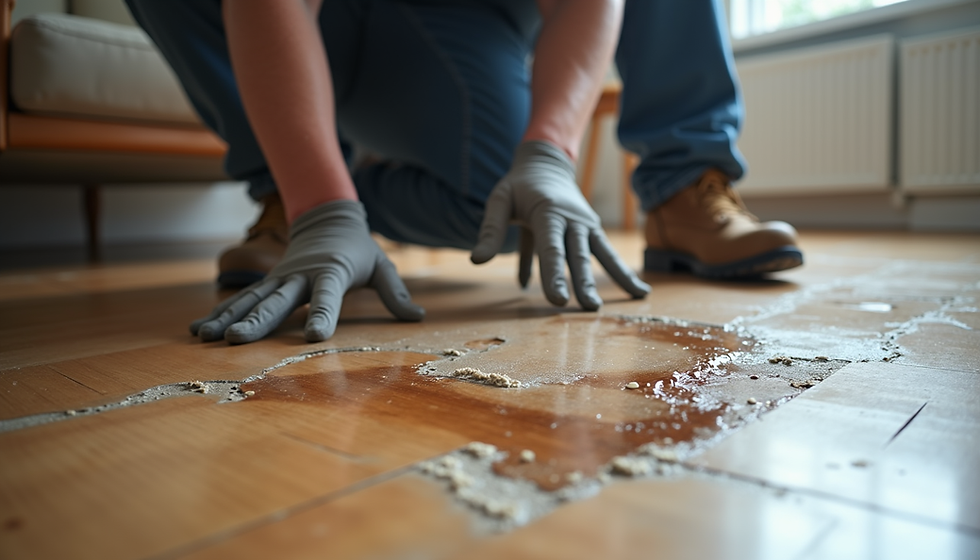Close-up view of a technician inspecting water damage on a wooden floor