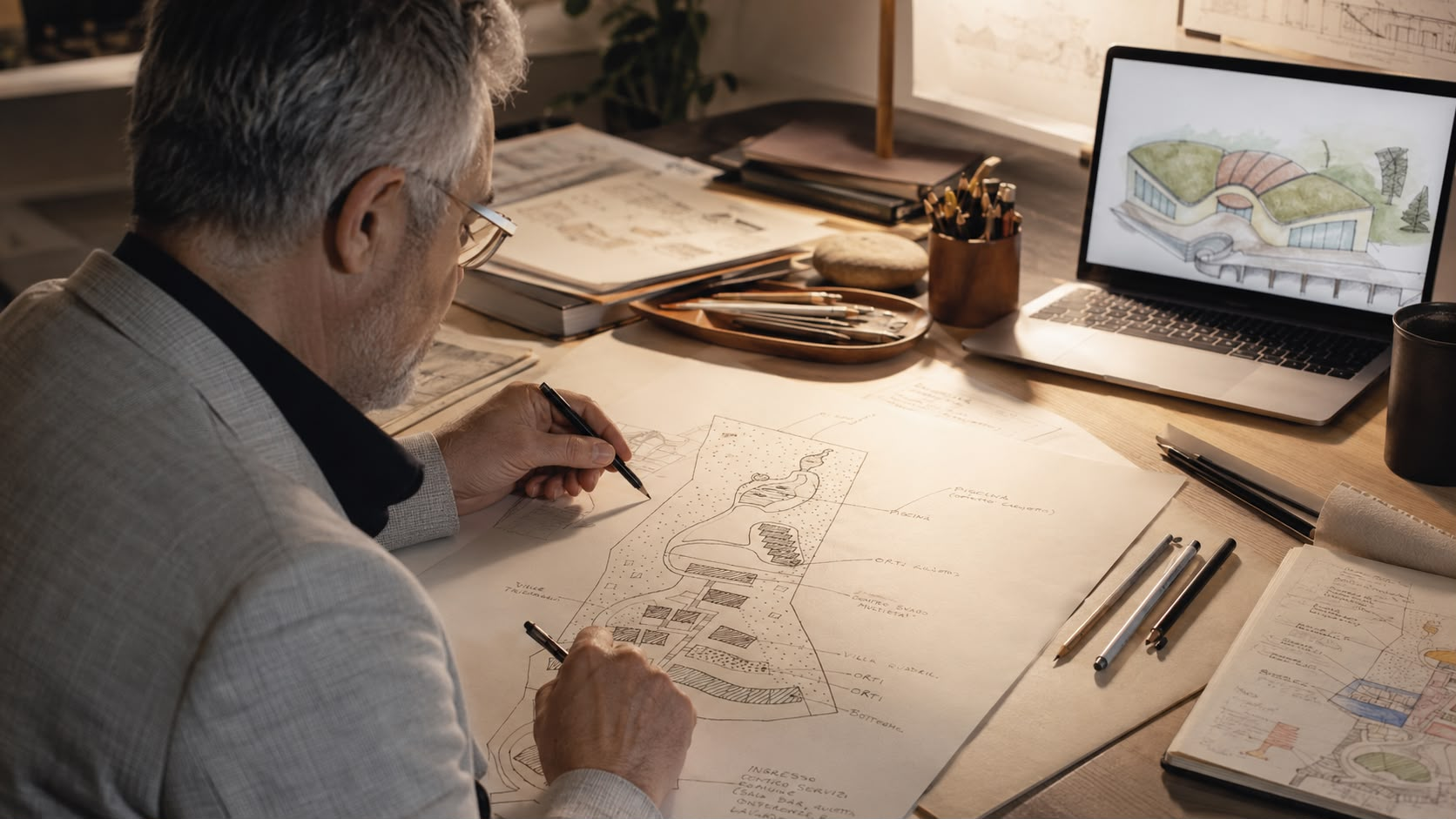 Architetto al lavoro su disegni e planimetrie